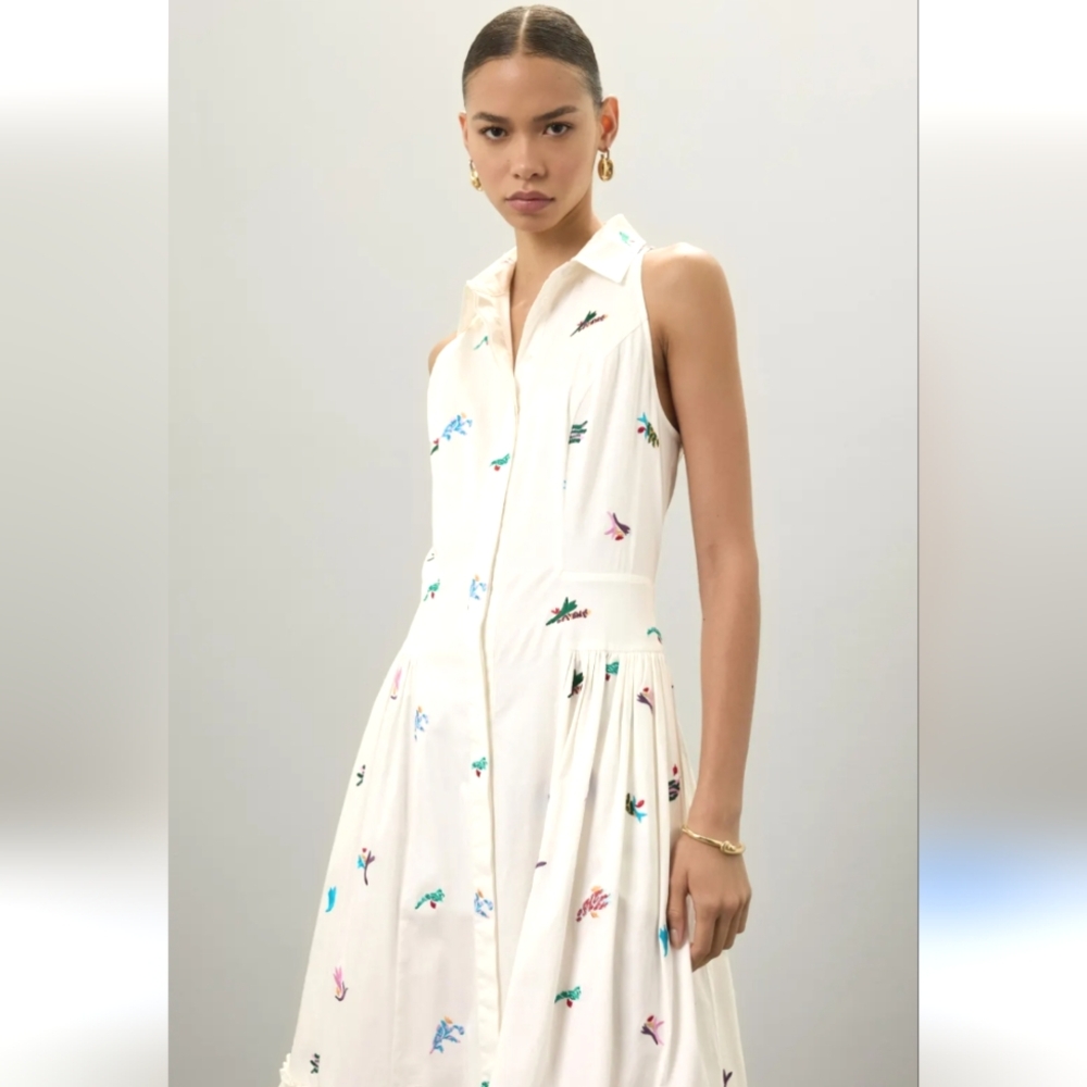 Prabal Gurung Cream Midi Shirt Dress with Multicolor Embroidery